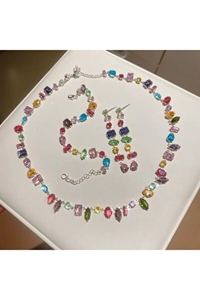 Choice7 Silver Color Set Luxury Colourful Crystal Zircon Necklace for Women F...