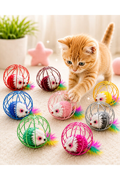HAYHAYPETSHOP Başlık Kedi Oyuncağı Tüylü Fareli Kafes Top – Renkli Eğlenceli ...