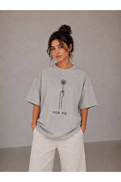 Çiçek Baskılı Oversize Tişört