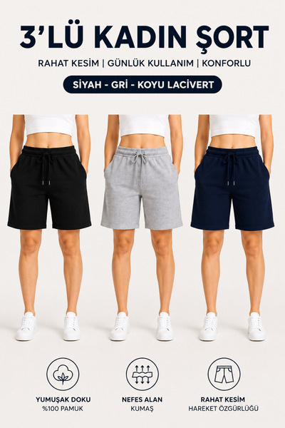 JULİA MODA 3 Adet Trend Kadın Şort (Siyah-Gri-Lacivert) Oversize Ultra Comfort