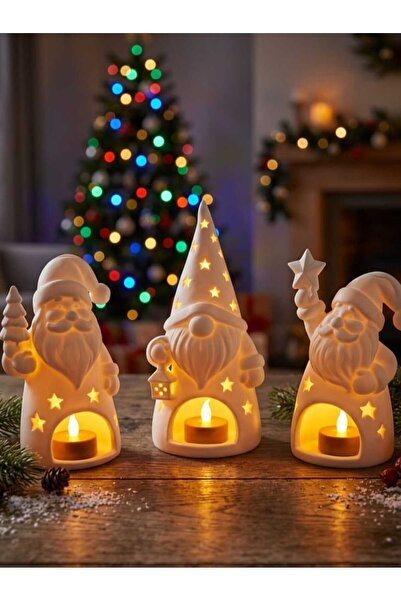 Mate&Co Yılbaşı Noel Baba Dekoratif Biblo – Işıklı Mumluk, Çam Ağacı Temalı D...