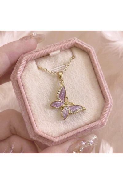 Heda Jewelry قلادة الفراشة الأرجوانية - قلادة فراشة أرجوانية أنيقة من الفولاذ