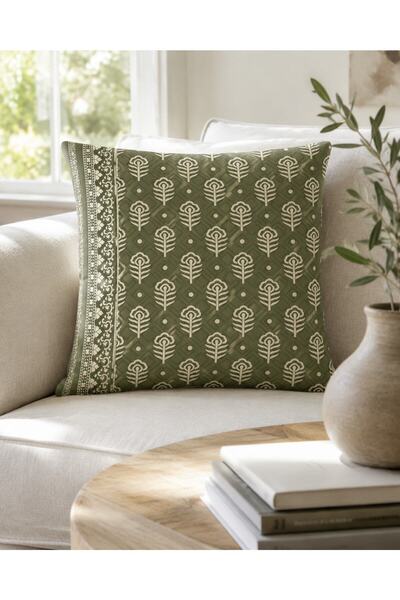 Yeşil Tüy Yaprak Motifi 43x43 cm Çift Taraf Baskılı Raşel Kırlent Kılıfı