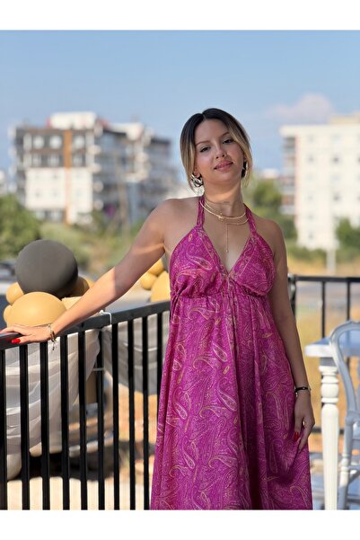 Koko Pembe uzun sırtı açık SATEN elbise