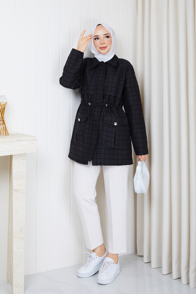 Pamuk Butik Women's Waist Tunneled Quilted Coat with Pockets