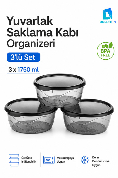 DolphFin 3-Piece Round Storage Container Set 3X1.75 Liter with Smoked Transpa...