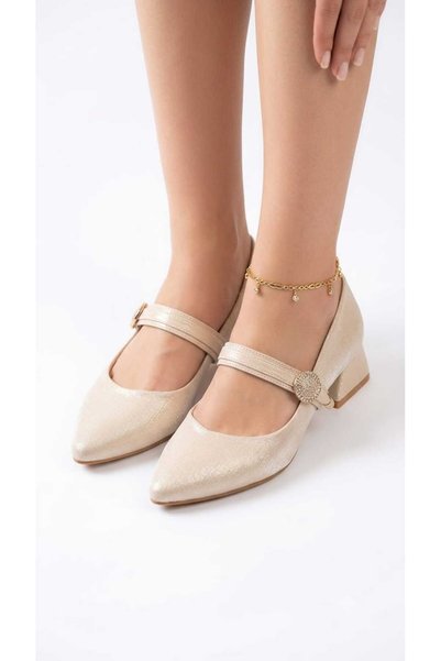 nuvora Pointed Toe Buckle Closed Back Short Heeled 3-cm Satin Women's Shoes-New Model