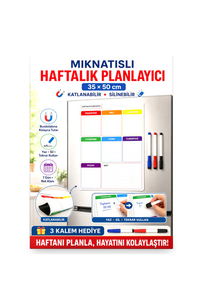 Enine Boyuna Eğitim مخطط أسبوعي مغناطيسي - 35 × 50 سم، لوح كتابة قابل للطي وق...