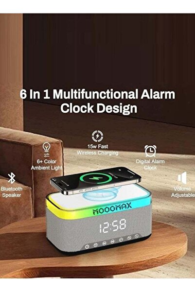 Speaker MOOGMAX 4 في 1 مع بلوتوث وإضاءة RGB وشاحن لاسلكي ومؤقت. 16 واط مع صوت واضح وعالٍ. شاحن لاسلكي سريع بقوة 15 واط. محطة شحن مزودة بمؤقت قابل للتخصيص. أزرق