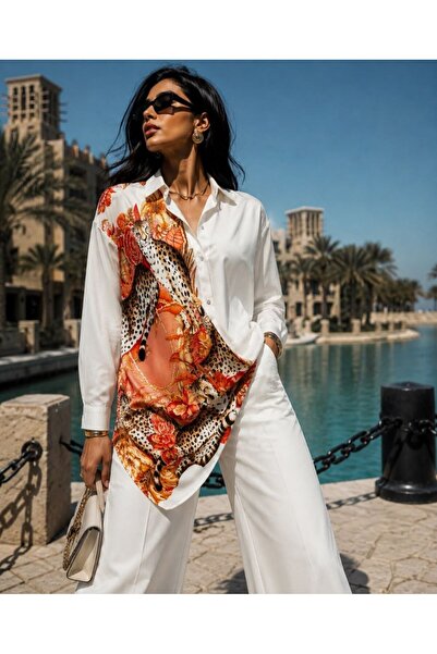 LOKADI Women's White Leopard and Scarf Patterned Asymmetrical Cut Oversize St...