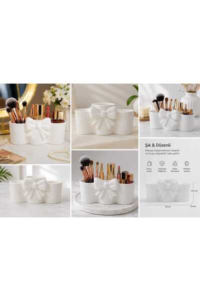 DERDENSE Combined 3-Piece Makeup Brush Organizer with Bow Detail – Decorative Cosmetic Organizer-Makeup Organizer
