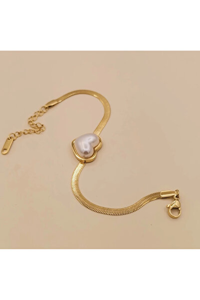 stainles steel Çelik Gold Bileklik-inci kalp detay- İtalyan zincir