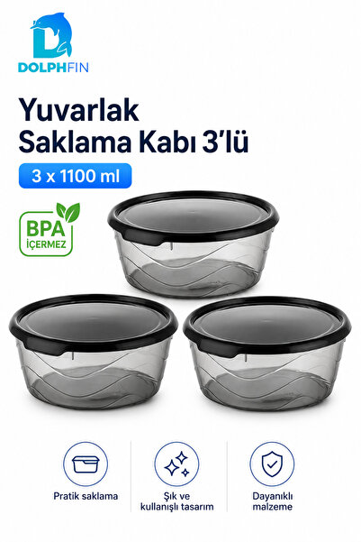 DolphFin 3-Piece Round Storage Container Set 3X1.1 Liter with Smoked Transpar...