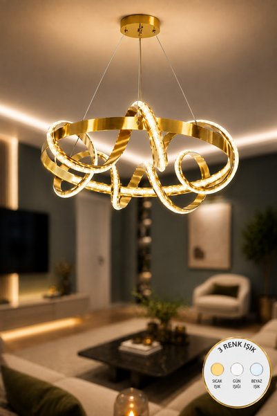 Ece Aydınlatma Romance Premium Kalın Çizgili Gold Kaplamalı 3 Renk Ledli Mode...