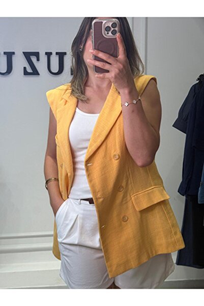 luzuze Vestă fără mâneci, cu guler dublu și nasturi, cu textură de in