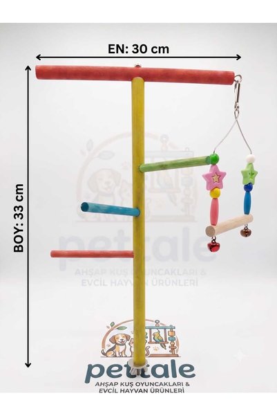 PetTale Wooden Bird Play Stand - Activity Area on Cage Top with t Perches and Bell Swing