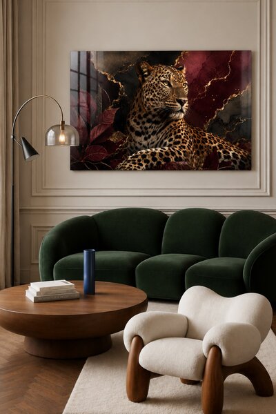 BUMATBAA Leopar Temalı Temperli Cam Tablo – Siyah Bordo Altın Detaylı Vahşi H...