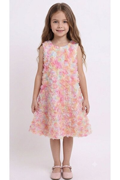 Generic Brand Girls' Dress with 3D Pastel Roses and Straight Cut