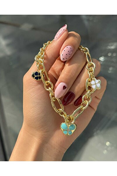 FASHİON JEWELRY Charmlı Altın Kaplama Premium Yoncalı ve Kalp Detaylı, Şans V...