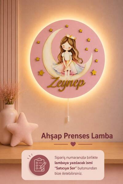 BugyBagy Ahşap Aylı Prenses Lamba İsme Özel Pilli Ledli Gece Lambası Bebek Ço...