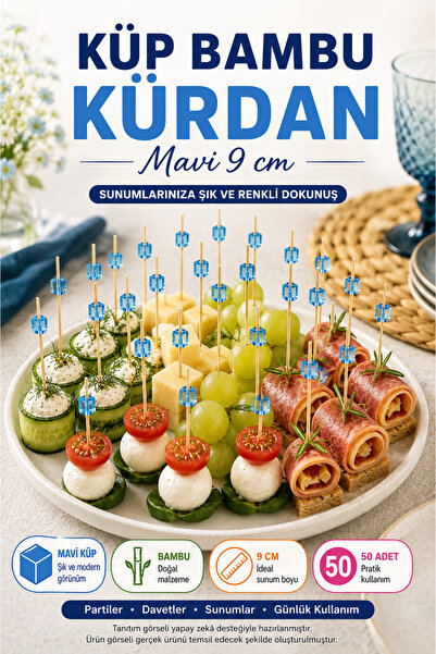 OpenCity 50’li Mavi Küp Bambu Kürdan 9 cm Parti Davet Kokteyl Kanepe Sunum Kü...