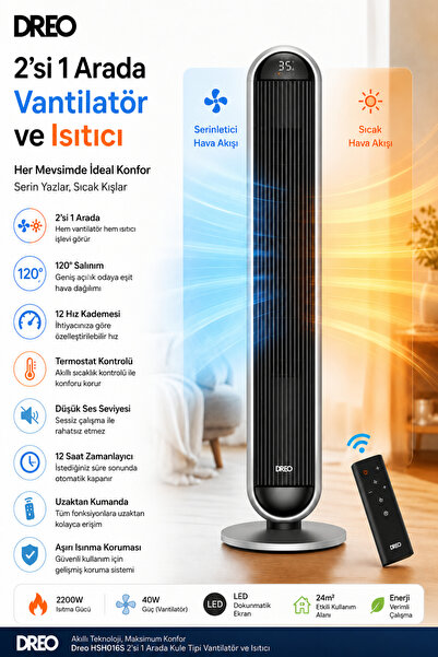 DREO Yeni 2’si 1 Arada Kule Tipi Vantilatör ve Seramik Isıtıcı 2200W, Uzaktan...