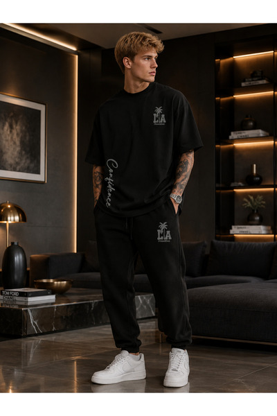 JAWÜ FASHION La Print Detailed Premium Oversize Cotton T-Shirt Sweatpants Adu...