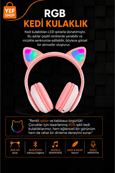 YEF SHOP Kedi Kulaklıklı RGB Bluetooth Kulaklık – Mikrofonlu