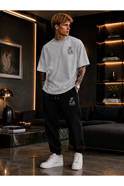 JAWÜ FASHION La Print Detailed Premium Oversize Cotton T-Shirt Sweatpants Adu...