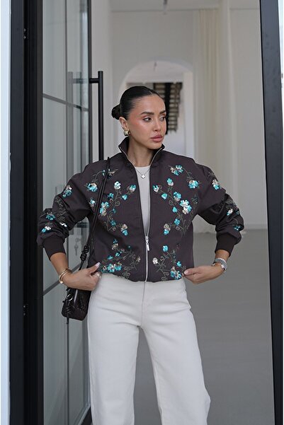 Havoş Acı Kahve Frida Payet Nakışlı Bomber Ceket