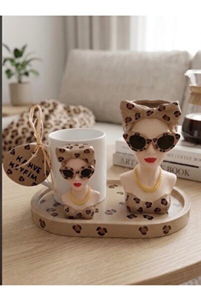 sutasarimevi Leopard Patterned Mug and Bust Flower Pot Set, Gift Coffee Prese...