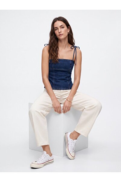Ltb Bluză Junna Slim Fit cu bretele, culoare indigo închis, tip crop
