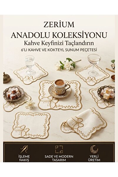 ZERİUM Premium 6’lı Kokteyl ve Kahve Altı Sunum Peçetesi Sim İşlemeli Kelebek...