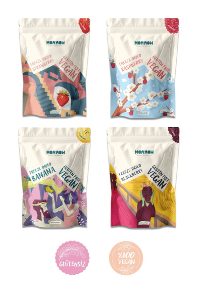 MORROW Freeze Dried 4’lü Paket (Bütün Çilek/Ahududu/Muz/Böğürtlen) - Dondurul...
