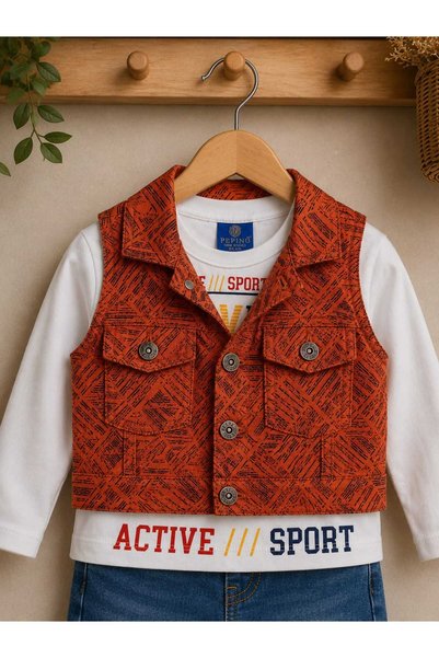 krm kerem bebe Boy's 3-Piece Seasonal Cotton Suit with Vest and Jeans