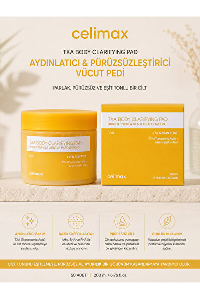 Celimax TXA Body Clarifying Pad 50 Adet – Pürüzsüzleştirici, Arındırıcı ve Ay...