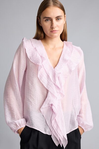 DeFacto Front Ruffle V-Neck Flowy Fabric Long Sleeve Blouse I1894Ax26Au