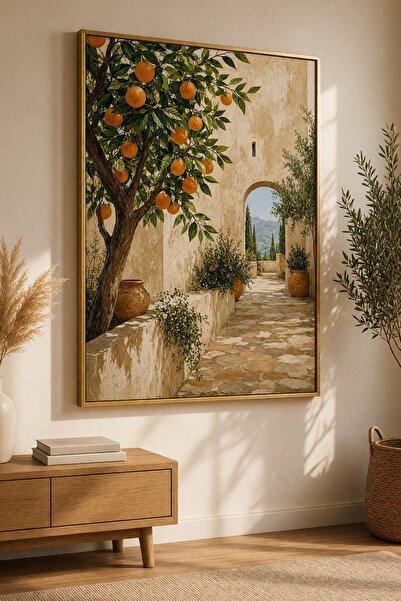 KOLAJTASARIM Single Metal Framed Glass Table - Beige Orange Tree |   Wall Pai...