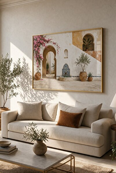 KOLAJTASARIM Tekli Metal Çerçeveli Camlı Tablo - Bej Bougainvillea Avlu | Duv...