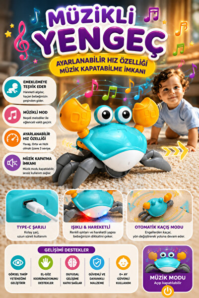 cayenna Müzikli Hareketli Yengeç Oyuncak – 3 Kademeli Hız, Type-C Şarjlı, Müzik Açma/Kapama, Emeklemeye Yardımcı Oyuncak