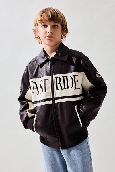 DeFacto Oversize Polo Collar Pocket Zipper Faux Leather Coat for Boys G9534A8...