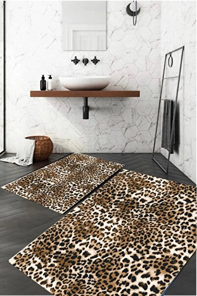PERA HOMEART LEOPAR DESENLİ KAYMAZ TABAN İKİLİ BANYO PASPASI 60X100 VE 40X60