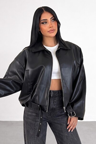 aslico Yeni Sezon ZR Oversize Bomber Kemerli Siyah Deri Ceket