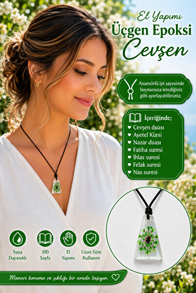 hennadibace Epoxy Triangle Neck Amulet (Handcrafted) Cevşenül Kebir, Nazar Ay...
