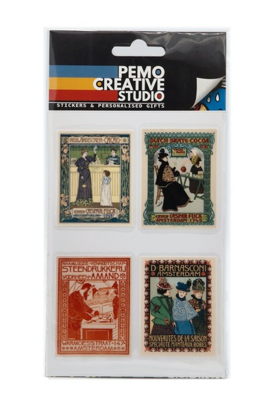 Vintage Poster Sticker Seti 4 Parça Reklam Sayfası UV DTF Kabartmalı Suya Dayanıklı Laptop Etiket
