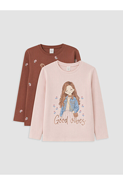 LC Waikiki Rmz Gi̇yi̇m Farkiyla Zero Roba Collar Printed Girls' T-Shirt 2-Pack