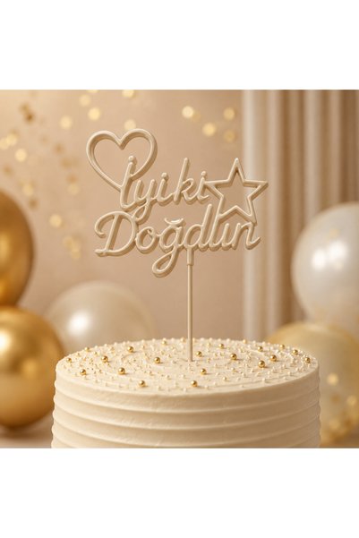 Doğasüs İyiki Doğdun Yazılı Krem Renk Pasta Üzeri Yazı Pleksi Mika Pasta Süsü...