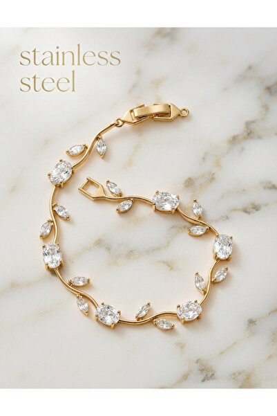 stainless steell Gold Color White Zircon Stone Tulip Steel Bracelet