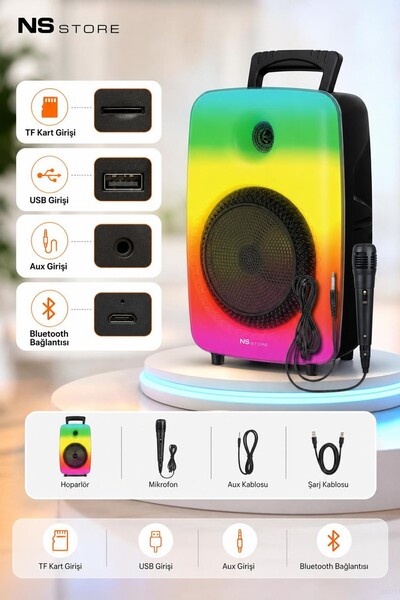 NS Store 8 İnç Işıklı Bluetooth Hoparlör Karaoke Mikrofonlu Taşınabilir Kablosuz Ses Sistemi Parti Boy