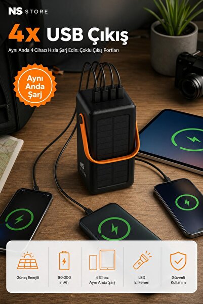 NS Store Güneş Enerjili Solar Powerbank 80.000 mAh Dijital Ekranlı 4 Çıkışlı Acil Durum Bataryası El Fenerli